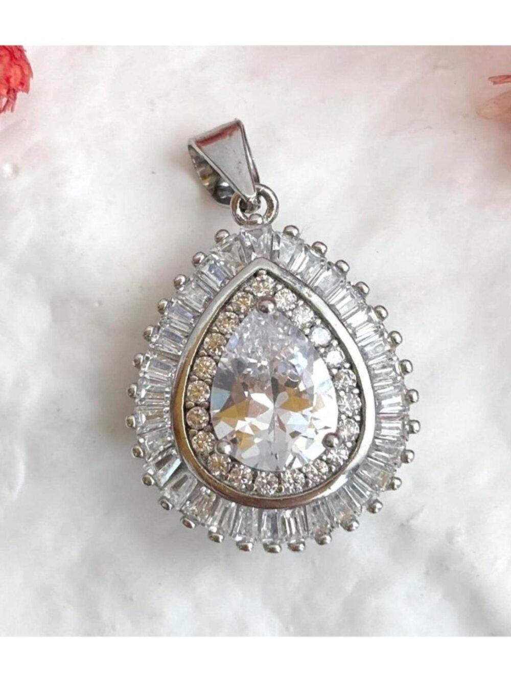 Pear Cut CZ Gemstone Halo Teardrop Sterling Silver Vintage 925 Pendant | Charm